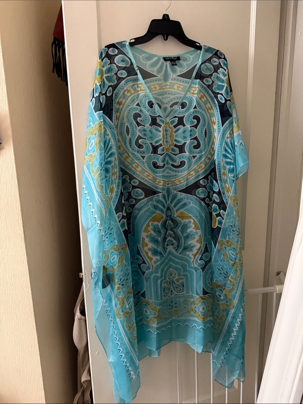 Charlie Paige Aqua and Gold Patterned Sheer Kaftan